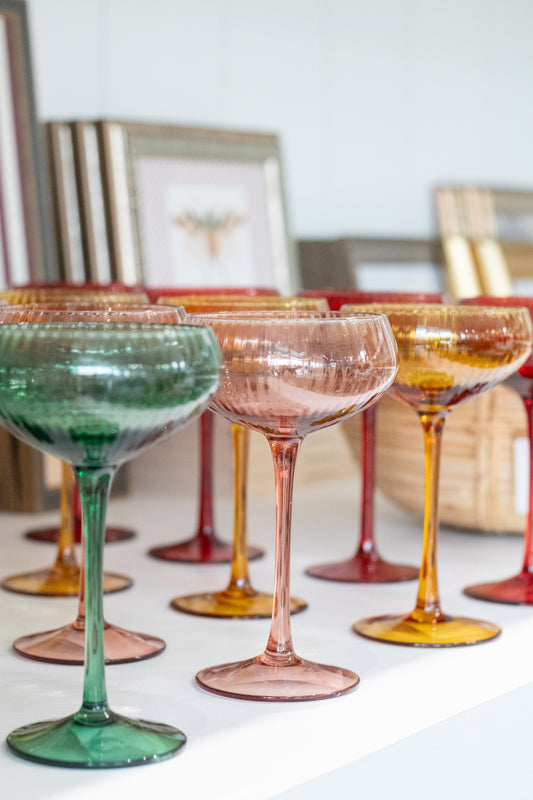 Four Seasons Coupe Glasses – Set in Pink, Green, Gold & Crimson