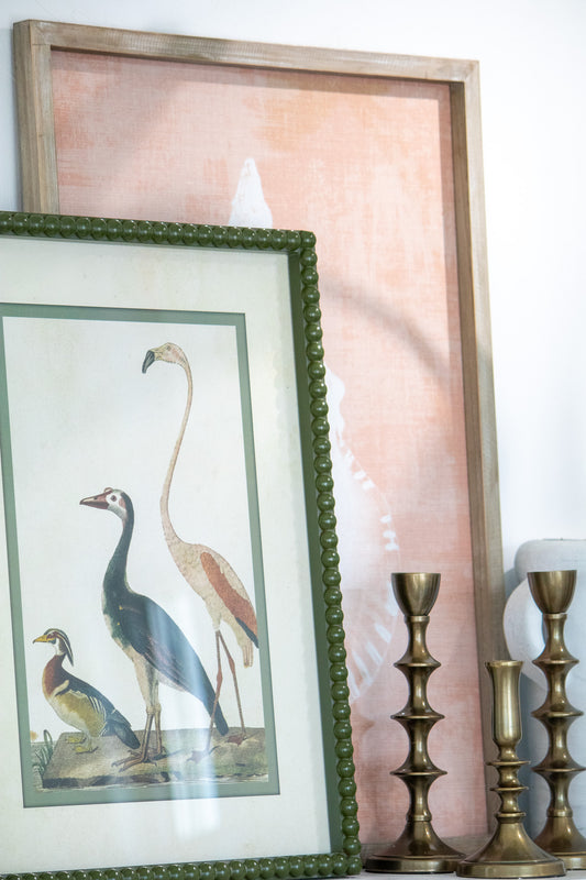 Framed Vintage Bird Print with Green Bobbin Frame