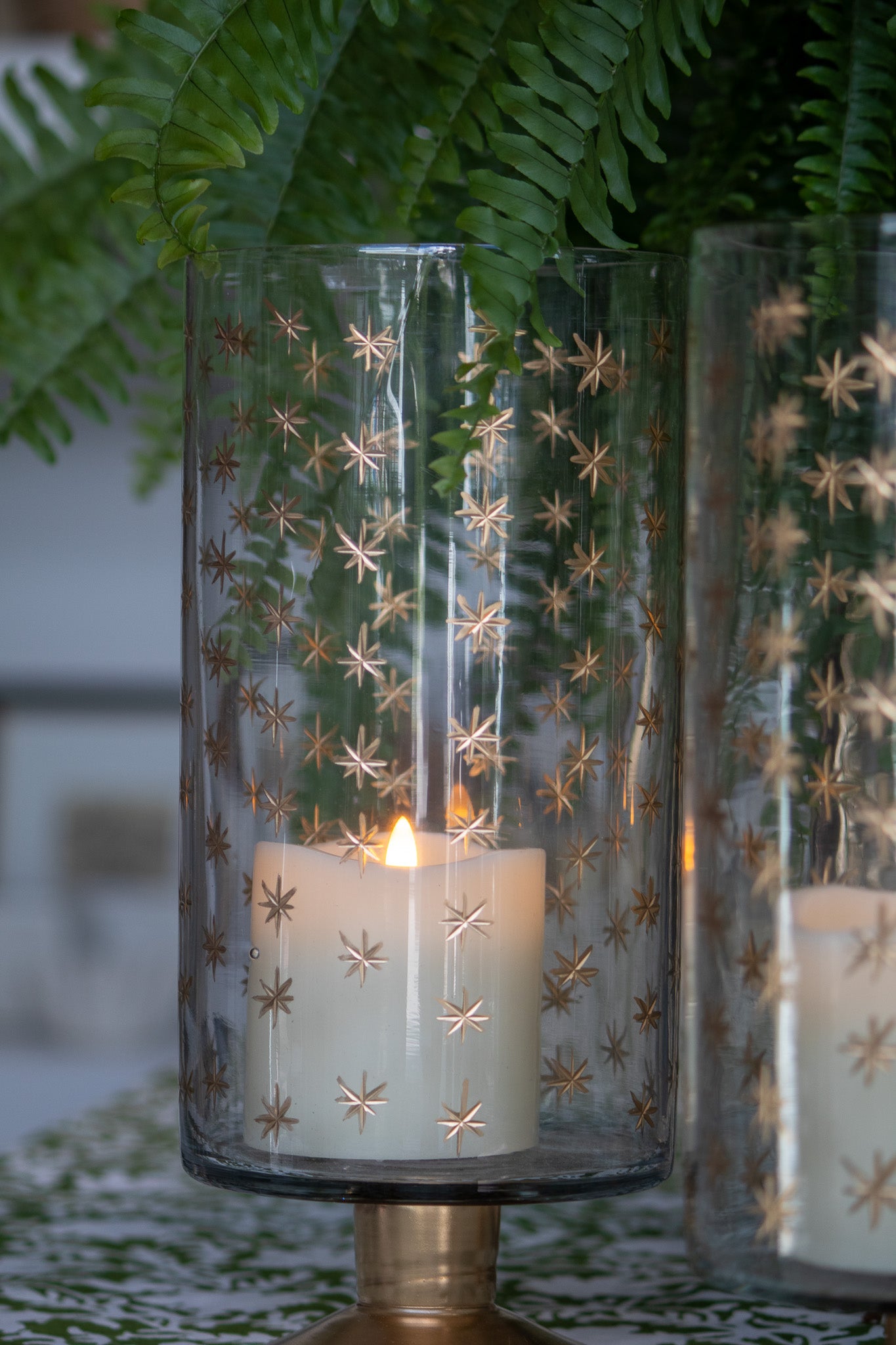 Hand-Painted Etched Glass Footed Hurricane with Starburst Pattern
