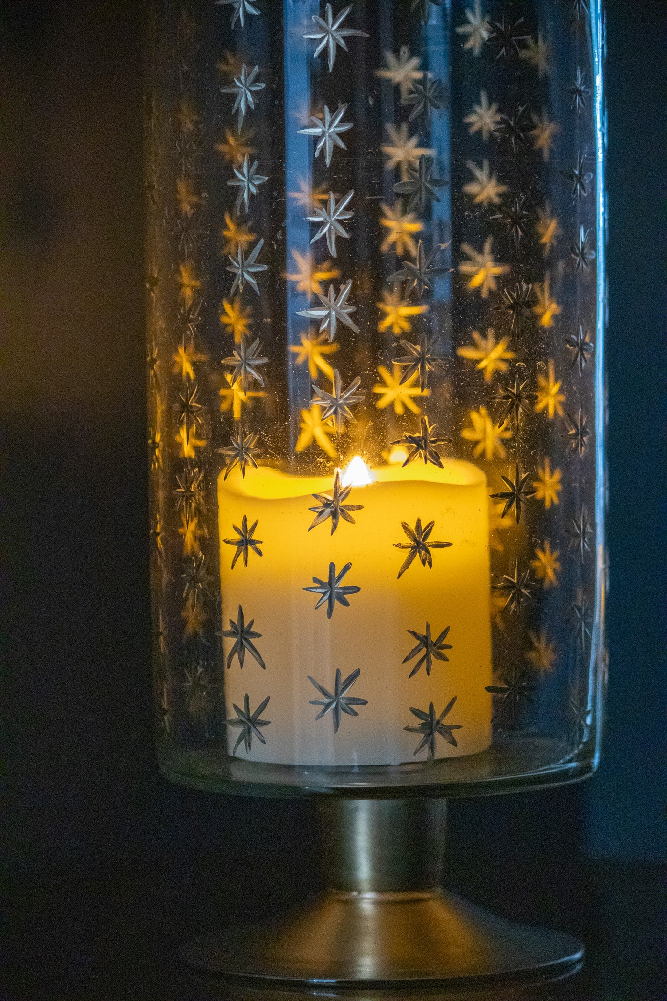 Hand-Painted Etched Glass Footed Hurricane with Starburst Pattern