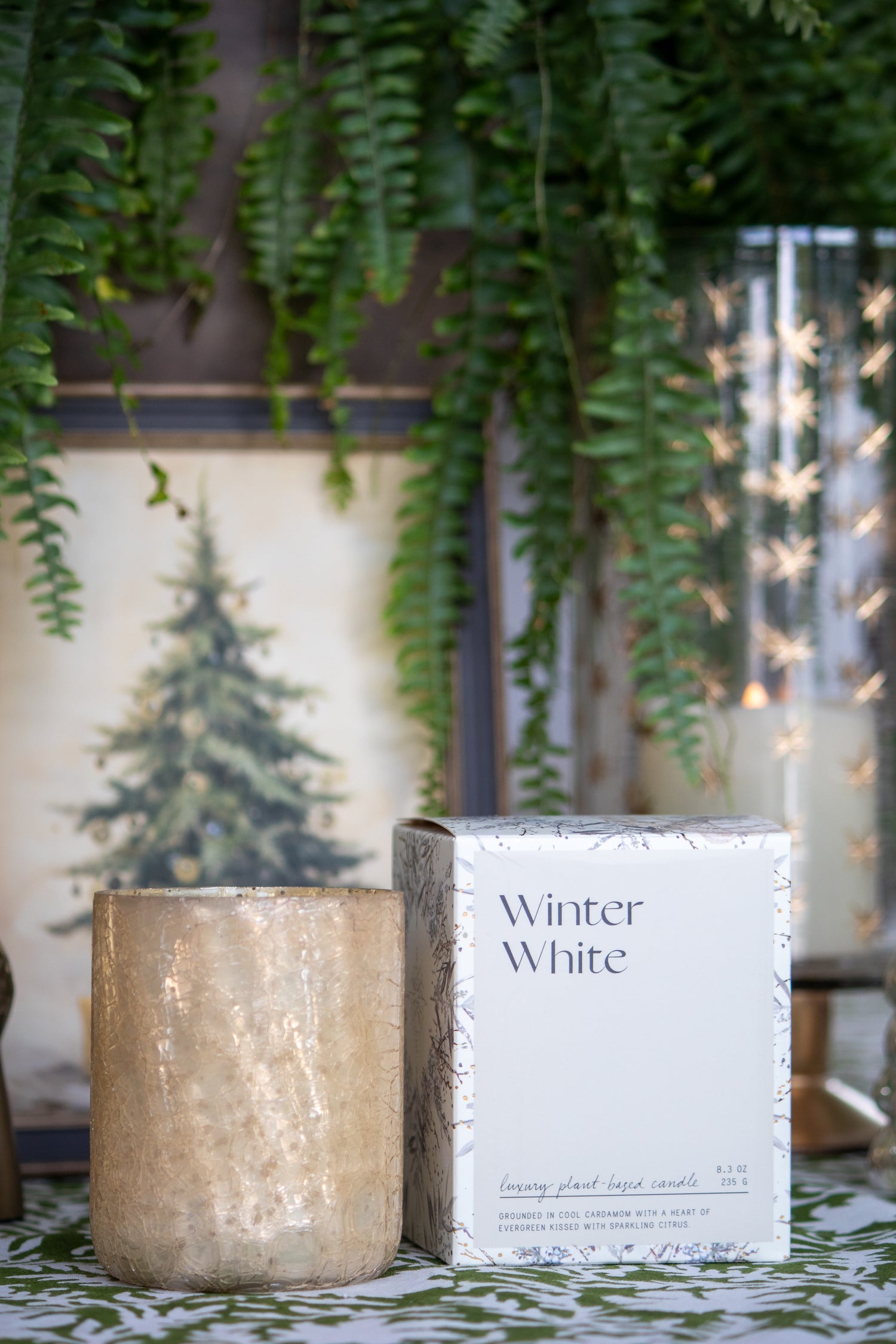 Candle labeled 'Winter White' next to a textured container with greenery and lights in the background