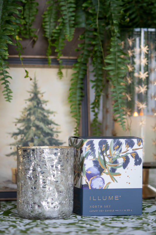 Candle packaging with decorative design next to a silver candle holder with plants in the background