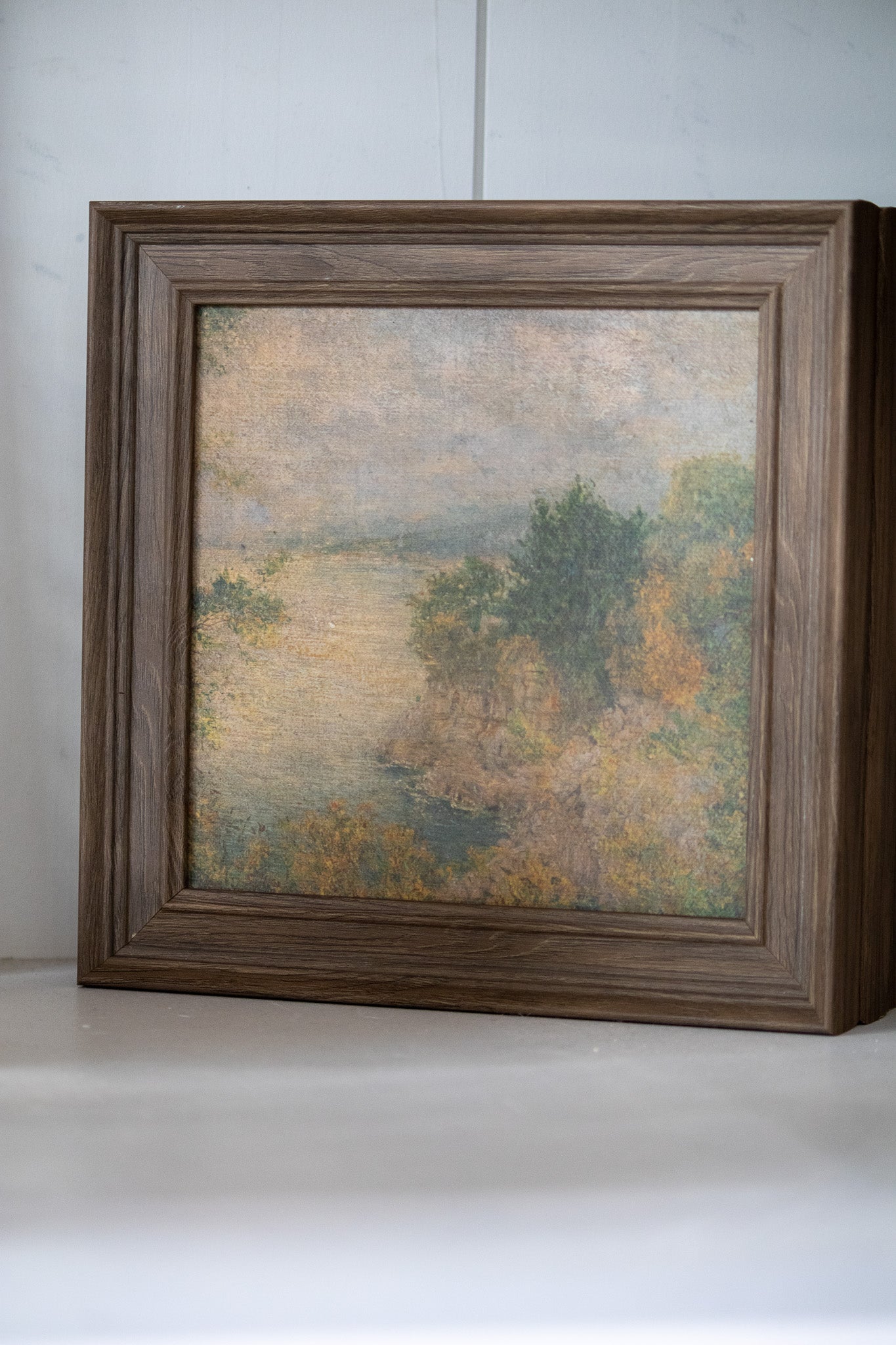 Framed painting of a landscape with trees and water on a white surface.