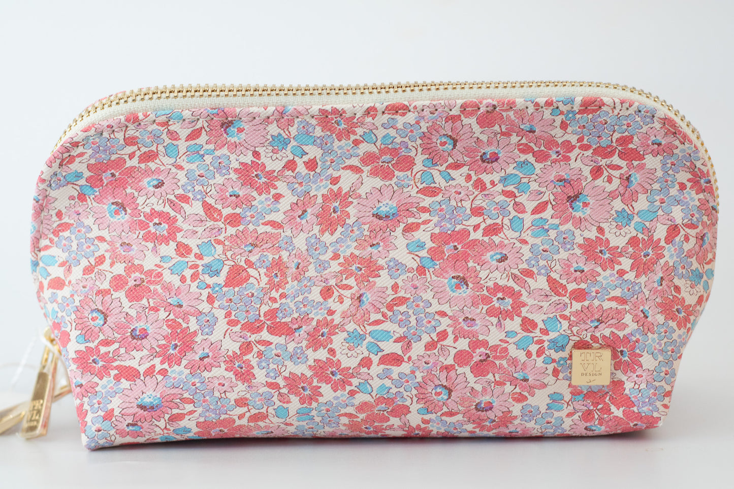 Floral patterned pouch with a visible brand logo on a white background