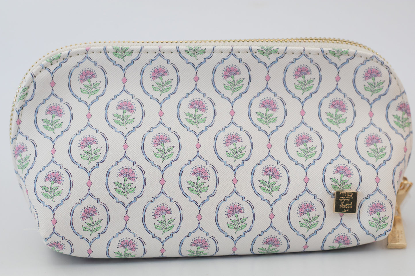 Cosmetic bag with floral pattern on a white background