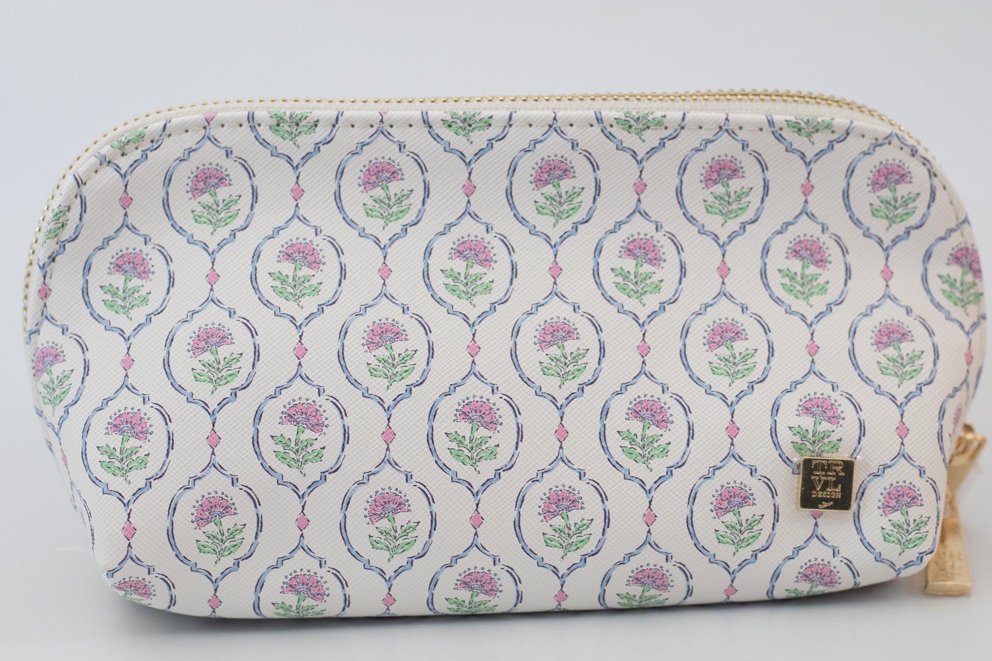 Cosmetic bag with floral pattern on a white background
