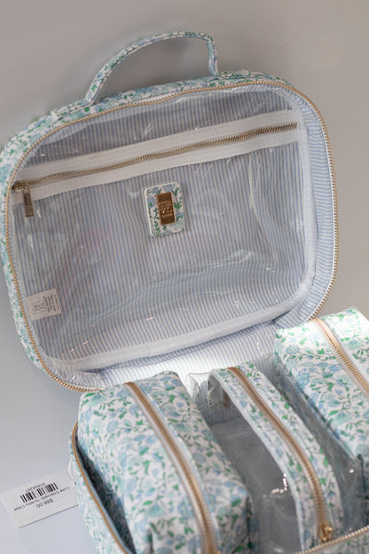 Clear travel pouch with floral pattern on a light gray background