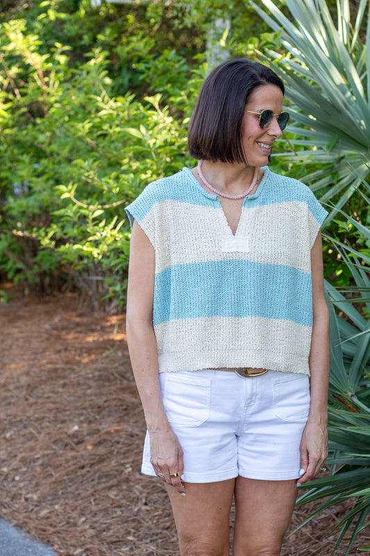 Sky Blue And Ecru Striped Sleeveless Sweater