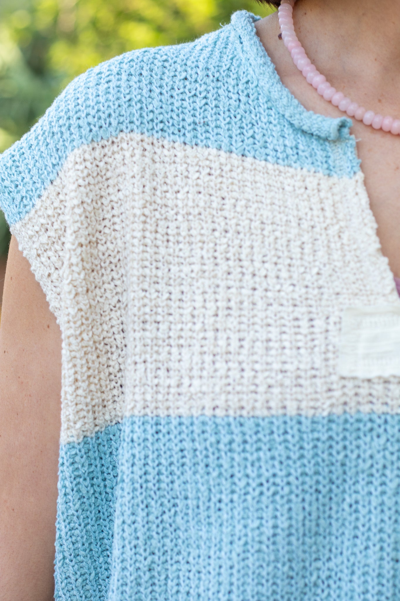 Sky Blue And Ecru Striped Sleeveless Sweater
