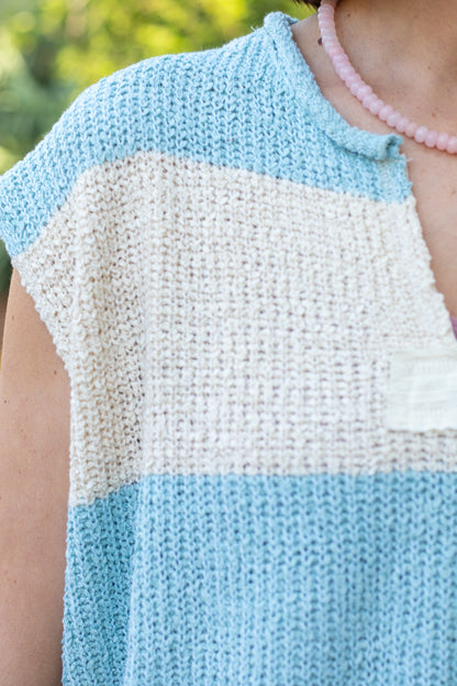 Sky Blue And Ecru Striped Sleeveless Sweater