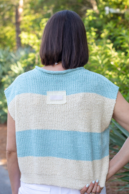 Sky Blue And Ecru Striped Sleeveless Sweater