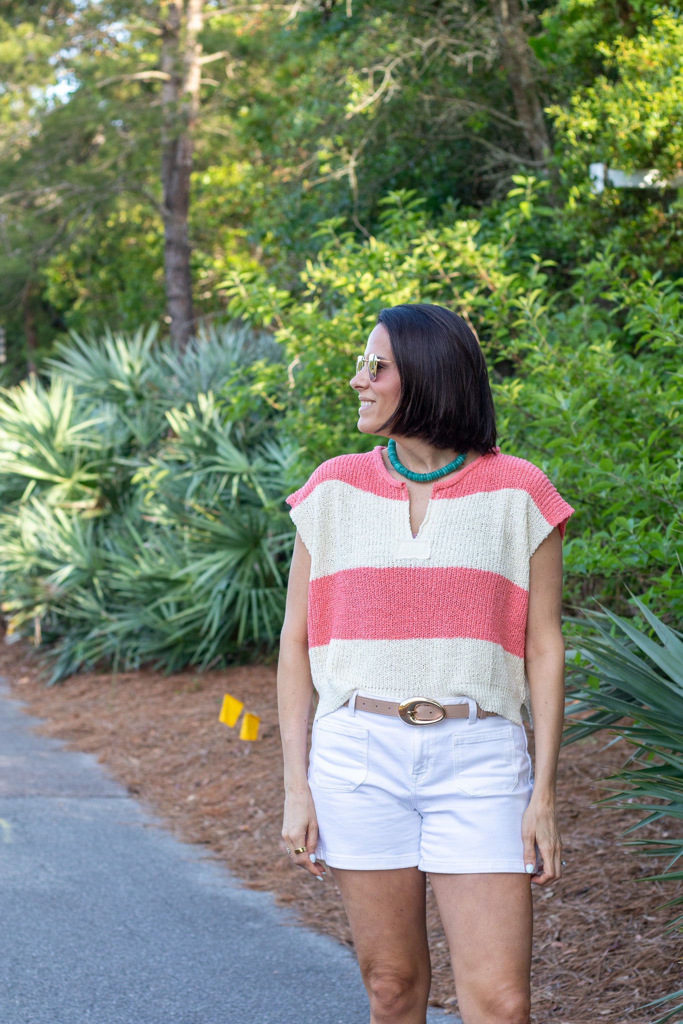 Coral And Ecru Striped Sleeveless Sweater