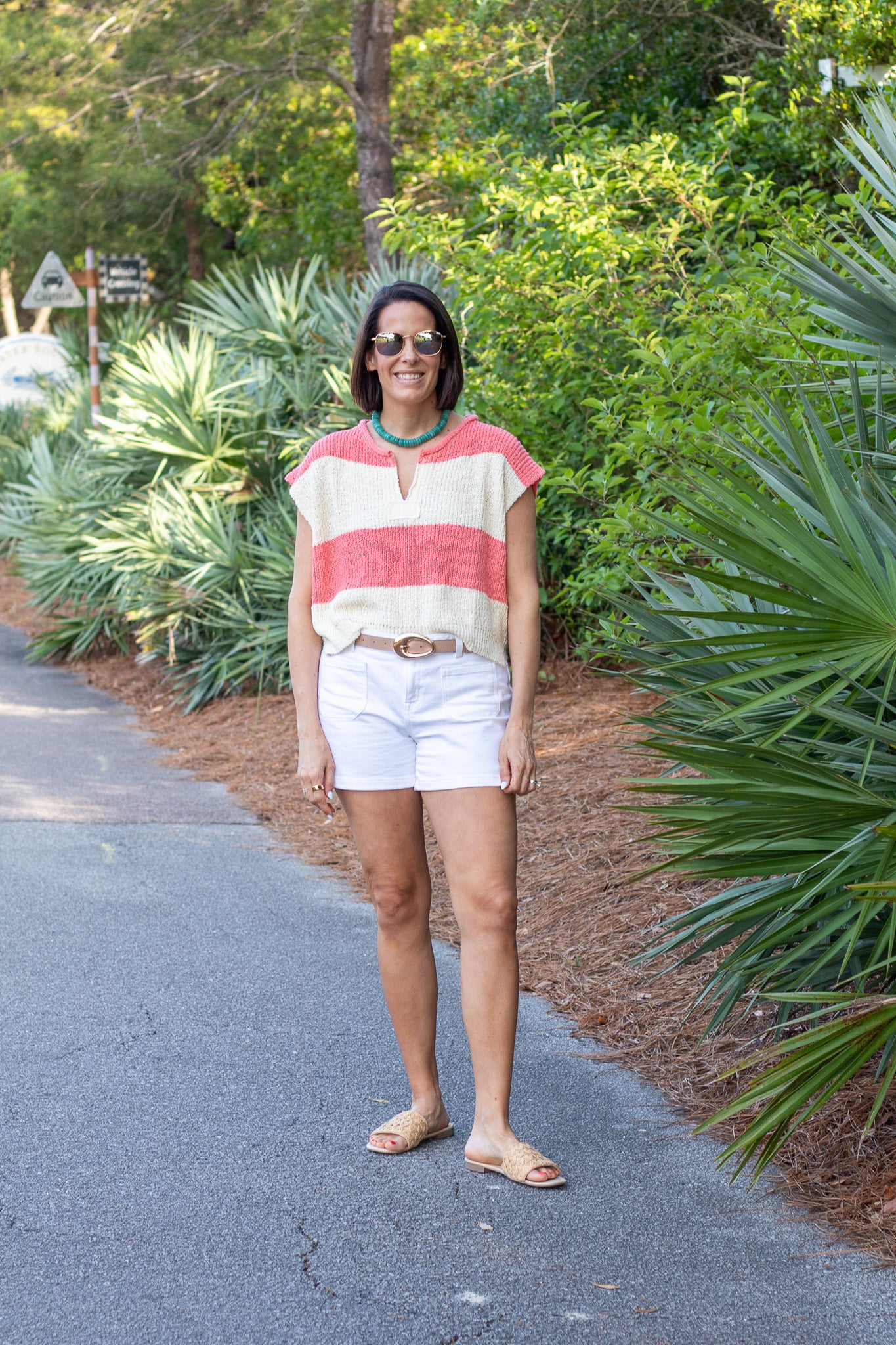 Coral And Ecru Striped Sleeveless Sweater