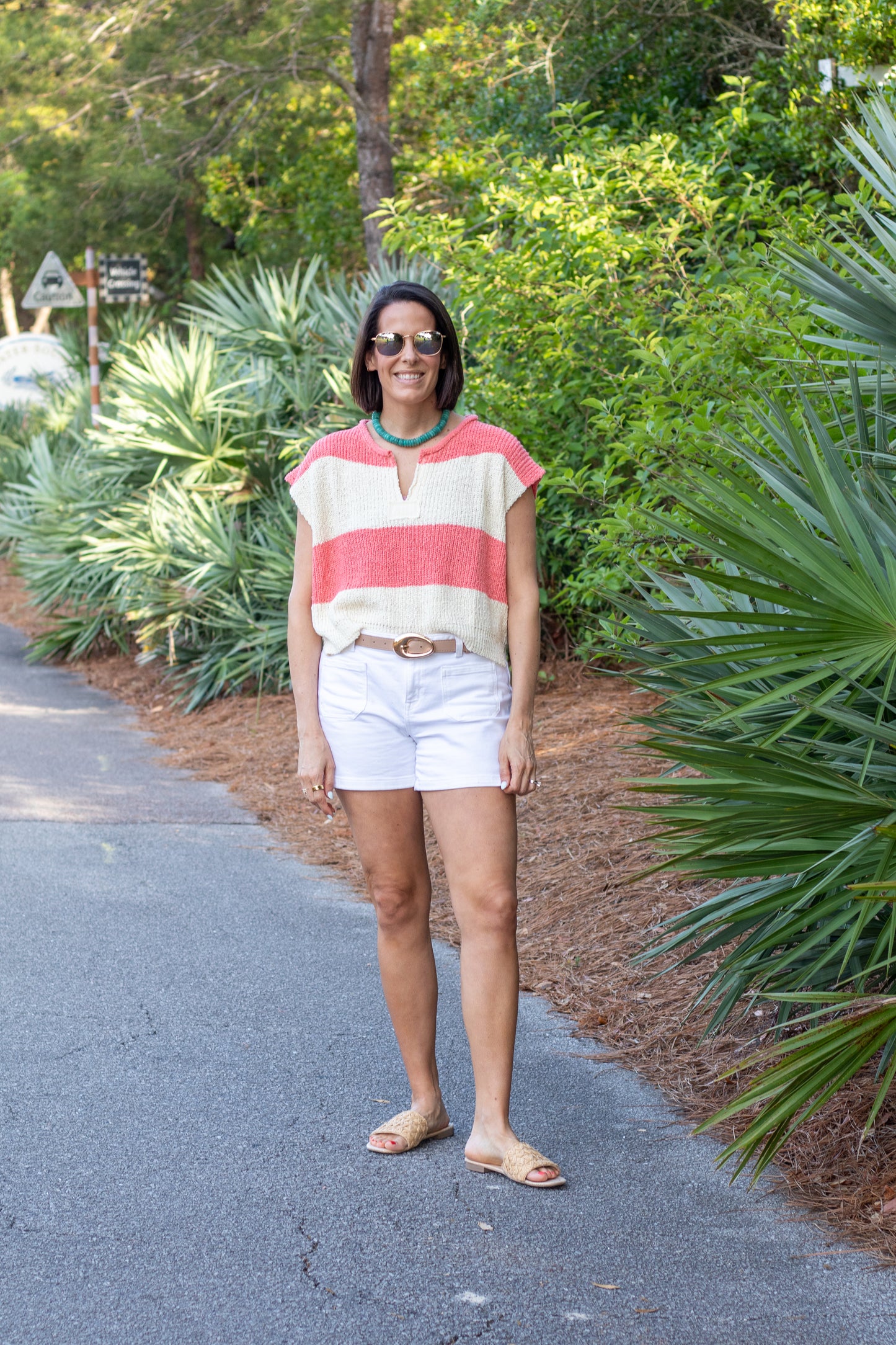 Coral And Ecru Striped Sleeveless Sweater