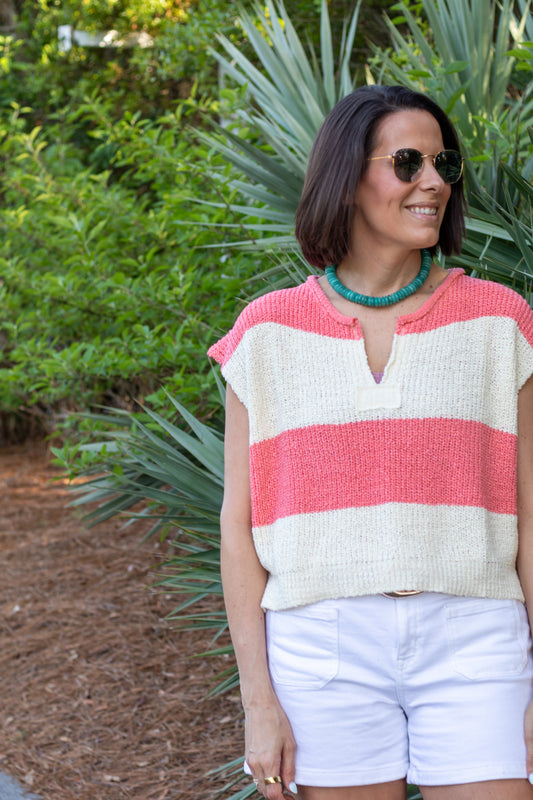 Coral And Ecru Striped Sleeveless Sweater