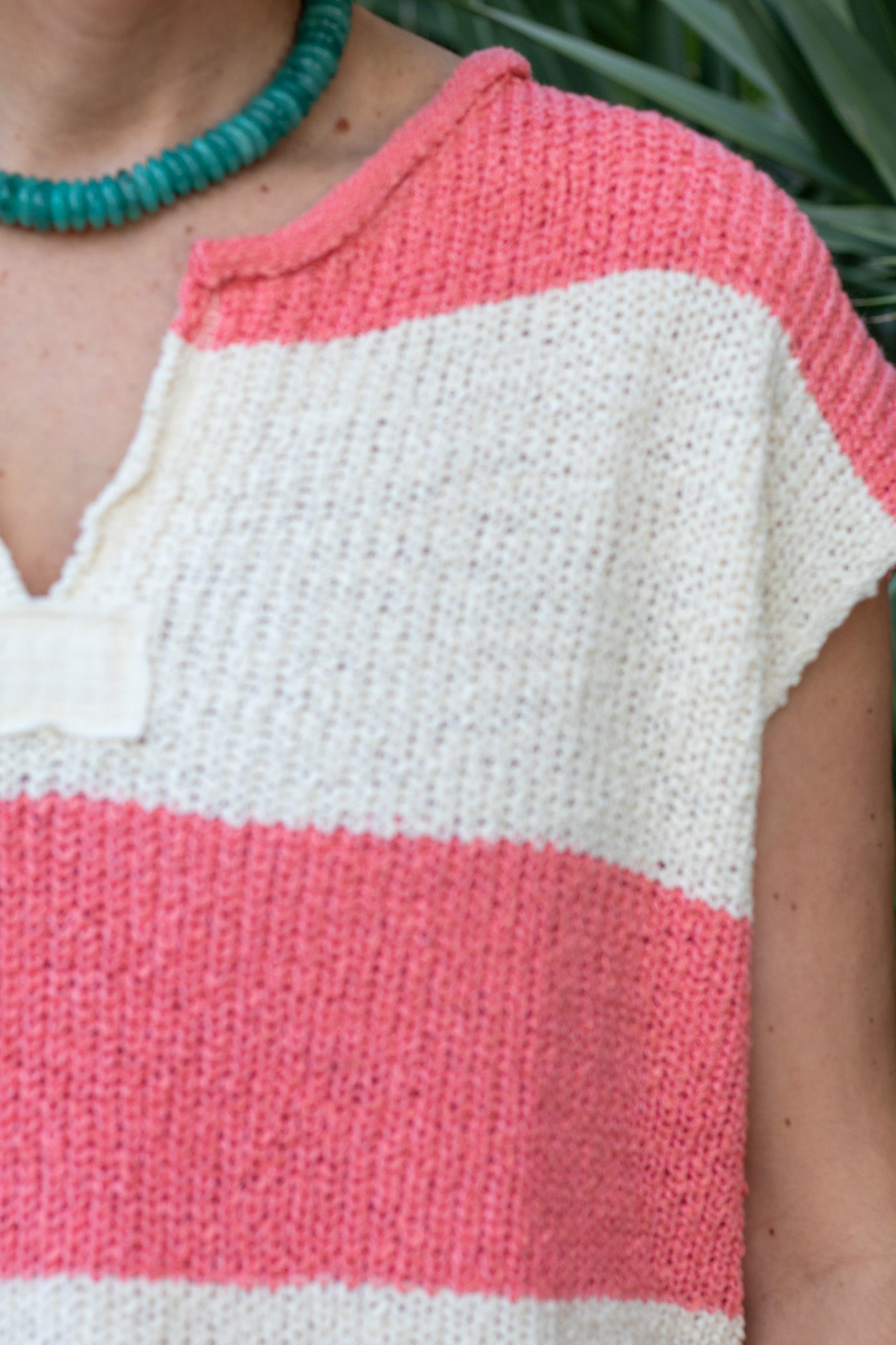 Coral And Ecru Striped Sleeveless Sweater