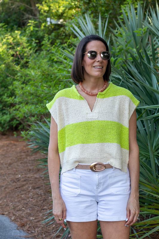 Lime and Ecru Striped Sleeveless Sweater