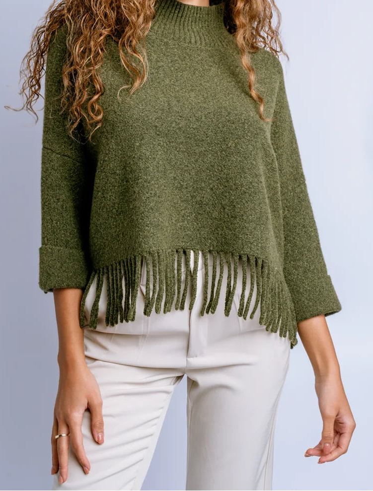 Sachi Fringe Mock Neck Sweater In Olive Jade