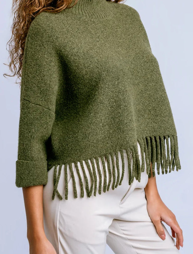 Sachi Fringe Mock Neck Sweater In Olive Jade
