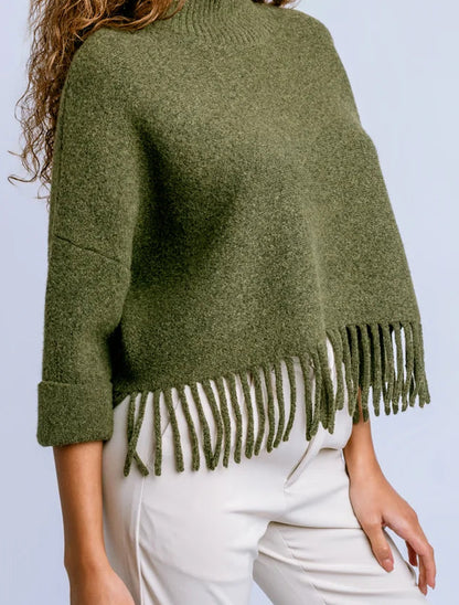 Sachi Fringe Mock Neck Sweater In Olive Jade