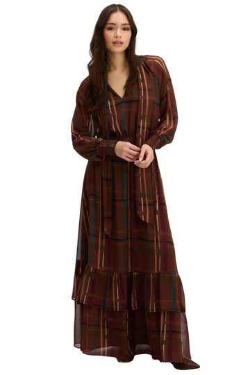 Nova Plaid Tie Neck Maxi Dress