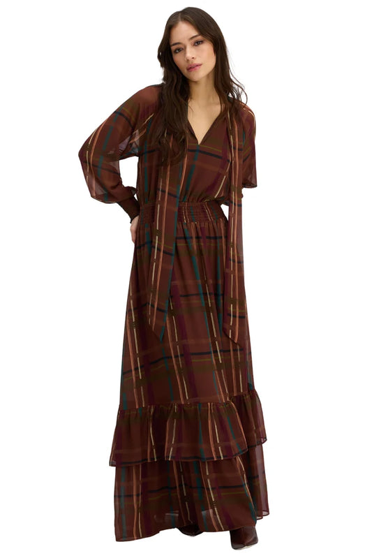 Nova Plaid Tie Neck Maxi Dress