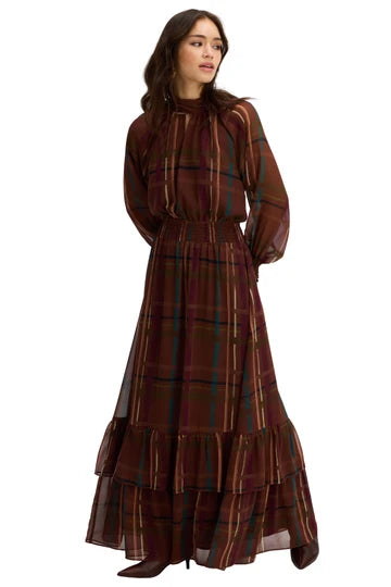 Nova Plaid Tie Neck Maxi Dress