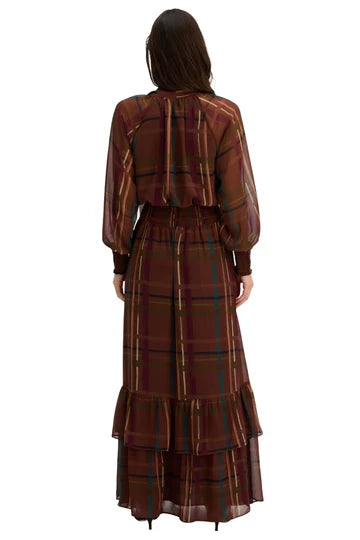 Nova Plaid Tie Neck Maxi Dress