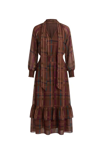 Nova Plaid Tie Neck Maxi Dress