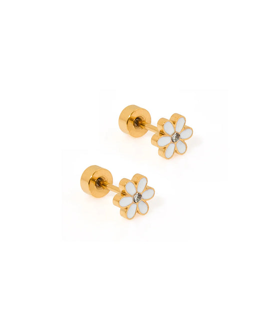 Aly White Floral Screwback Stud Earrings