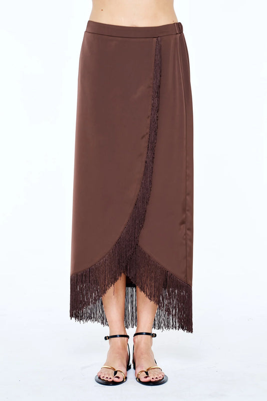 Enza Satin Fringe Midi Skirt In Chocolate