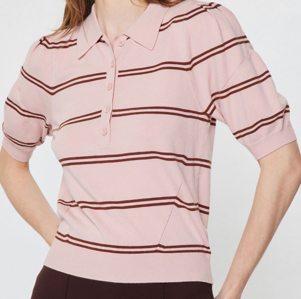 A woman wearing a light pink short-sleeve polo shirt with horizontal dark brown stripes, shown from the shoulders to the hips against a plain light background.