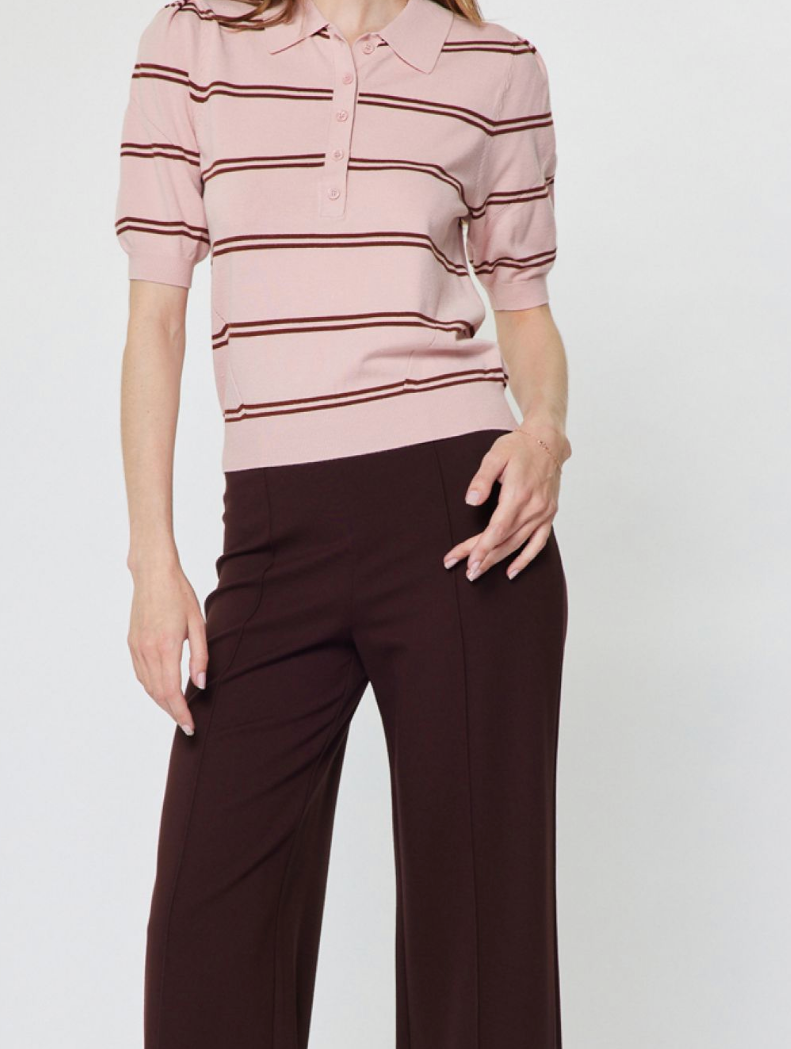 A model wearing a short-sleeve polo shirt with horizontal pink and dark brown stripes, paired with dark brown wide-leg trousers, against a plain light gray background.