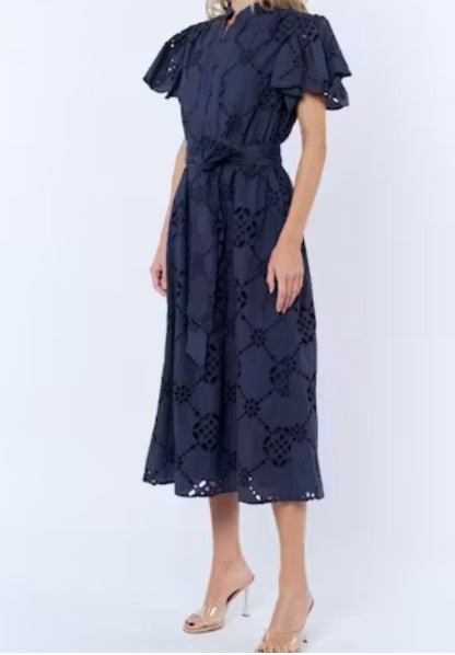 The Navy Eyelet Midi Dress
