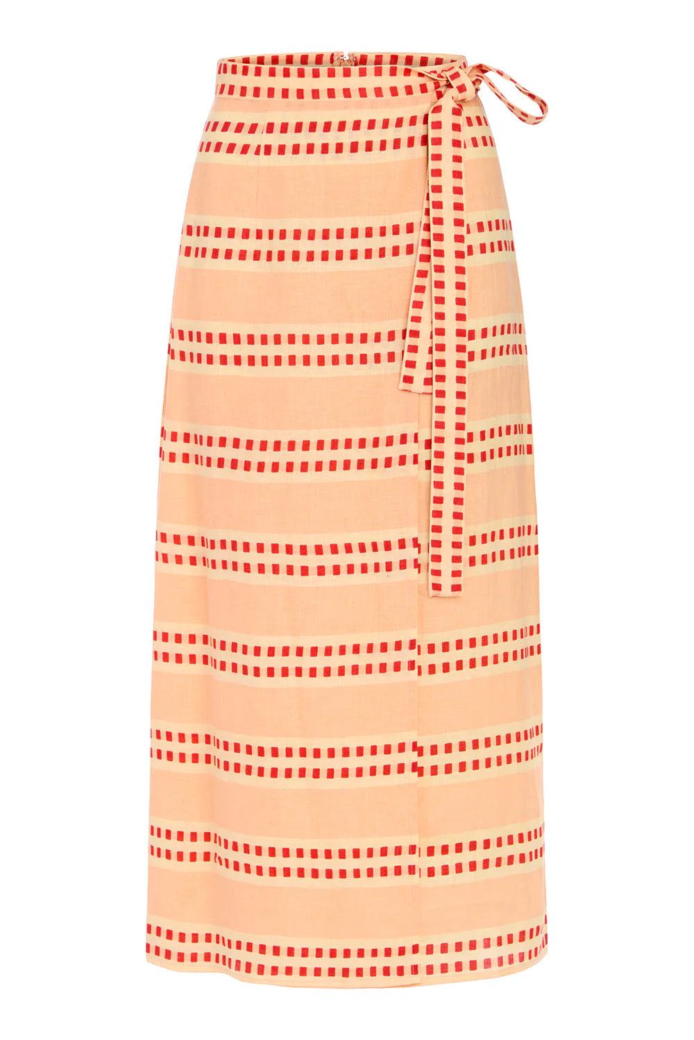 Striped wrap skirt with red and white pattern on a peach background