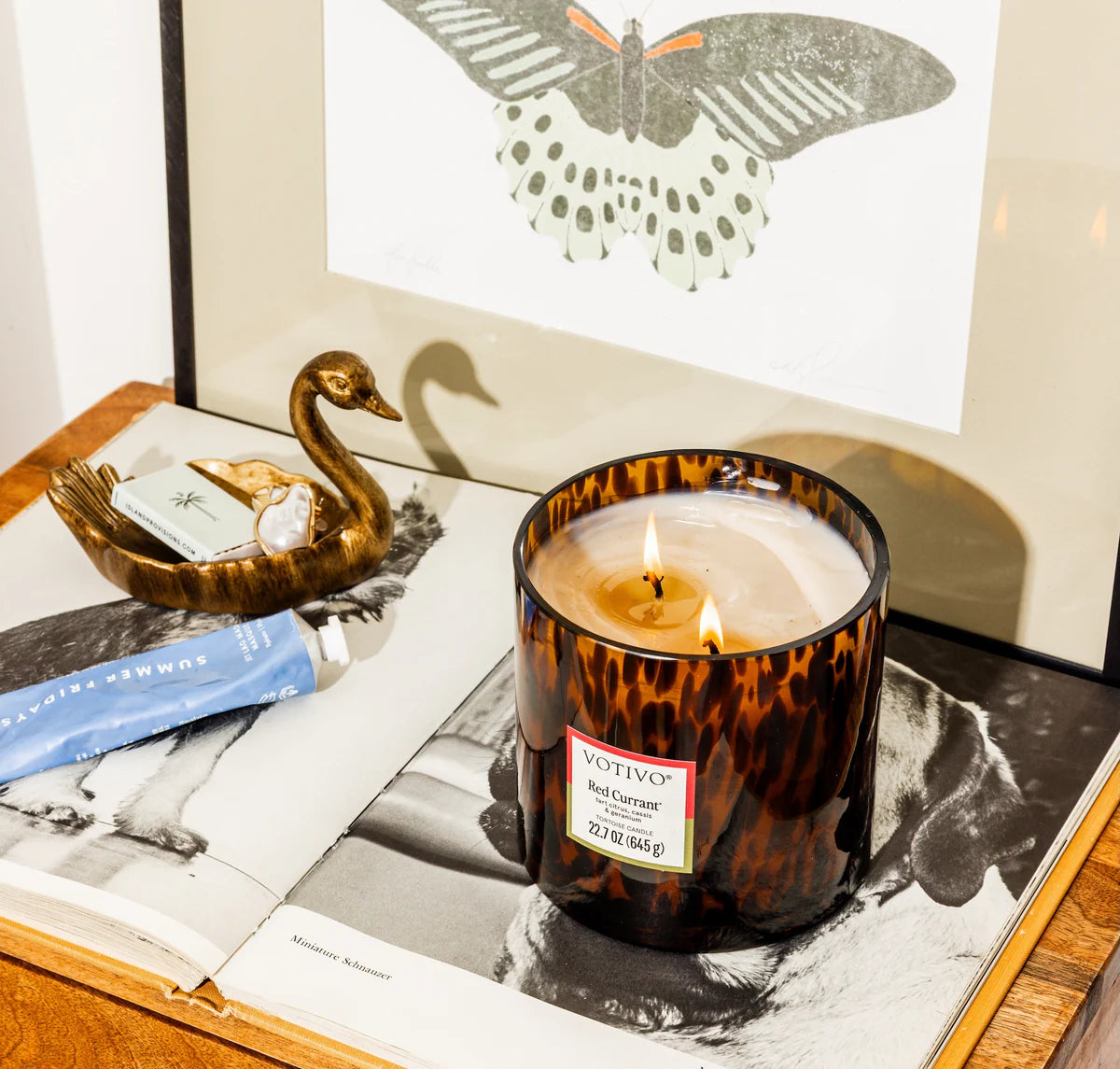 Tortoiseshell candle with a label on a surface with books and a butterfly illustration.