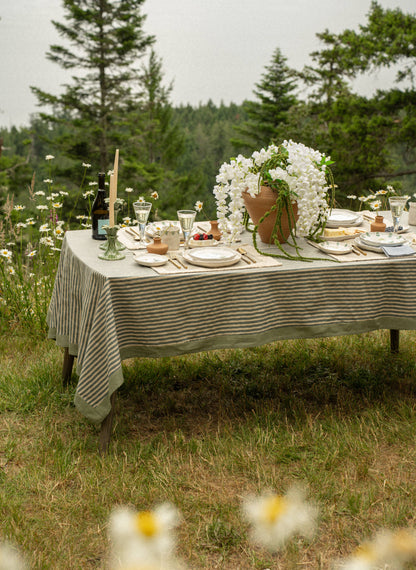 Outdoor table setting with a striped tablecloth, flowers, and glasses in a natural setting.
