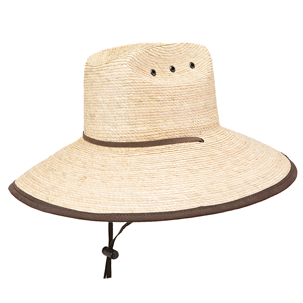 Beige straw hat with a brown band on a white background
