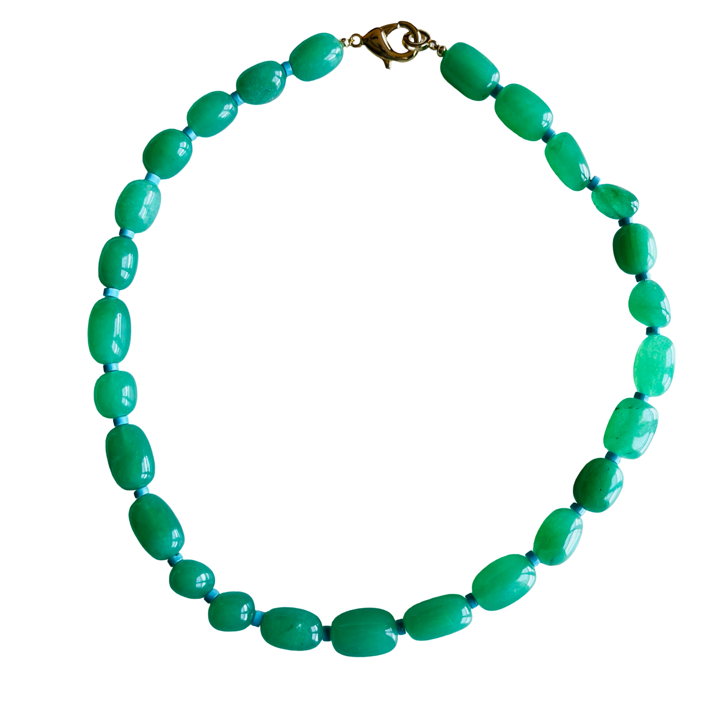 green gemstone necklace with gold clasp