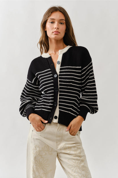 Black & White Striped Balloon Sleeve Cardigan