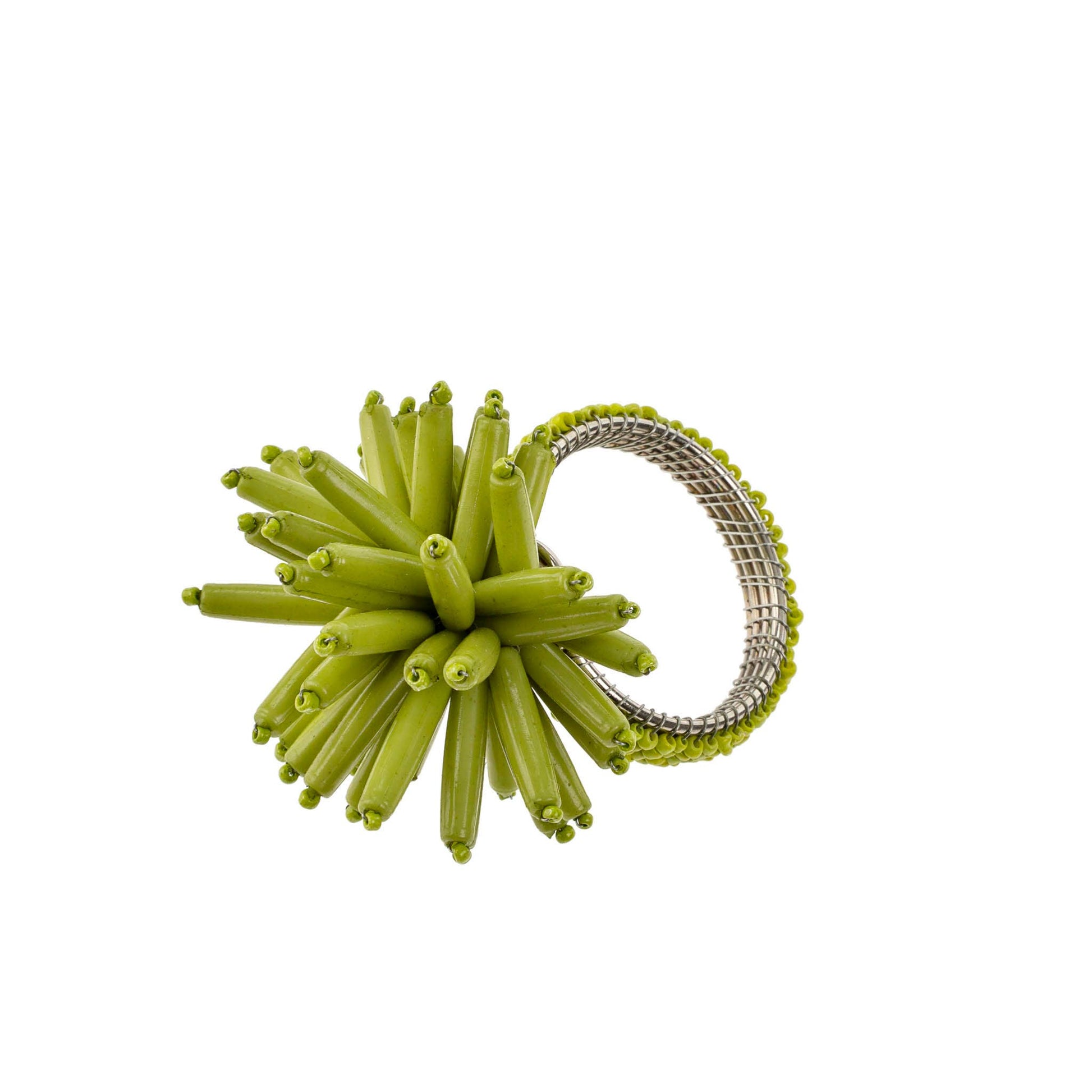 Green textured object with a silver ring on a white background