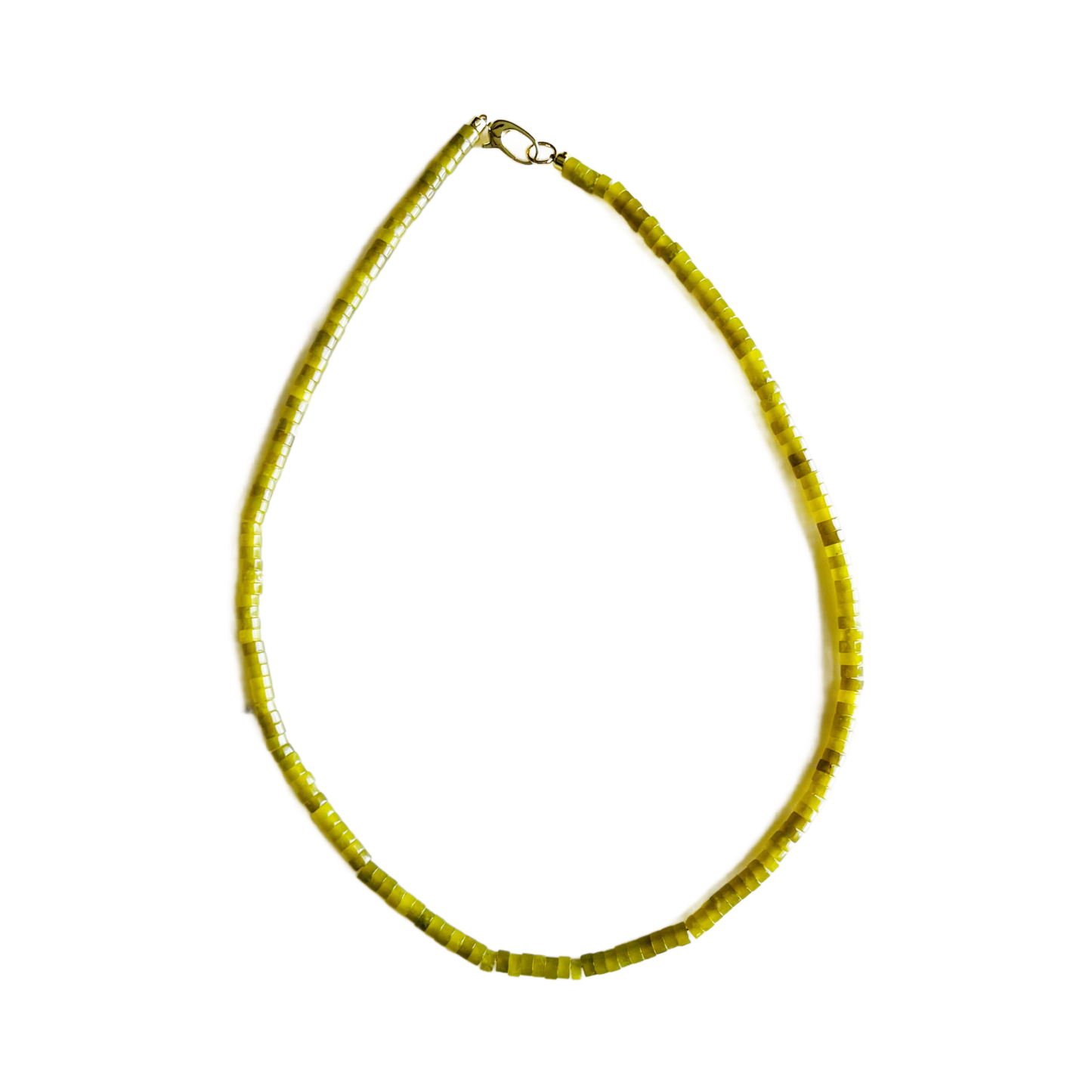 Yellow beaded necklace on a white background