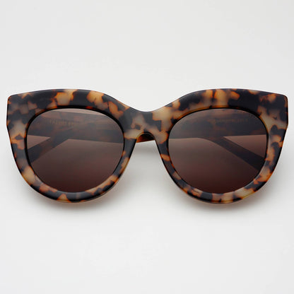 Tortoiseshell cat-eye sunglasses on a white background