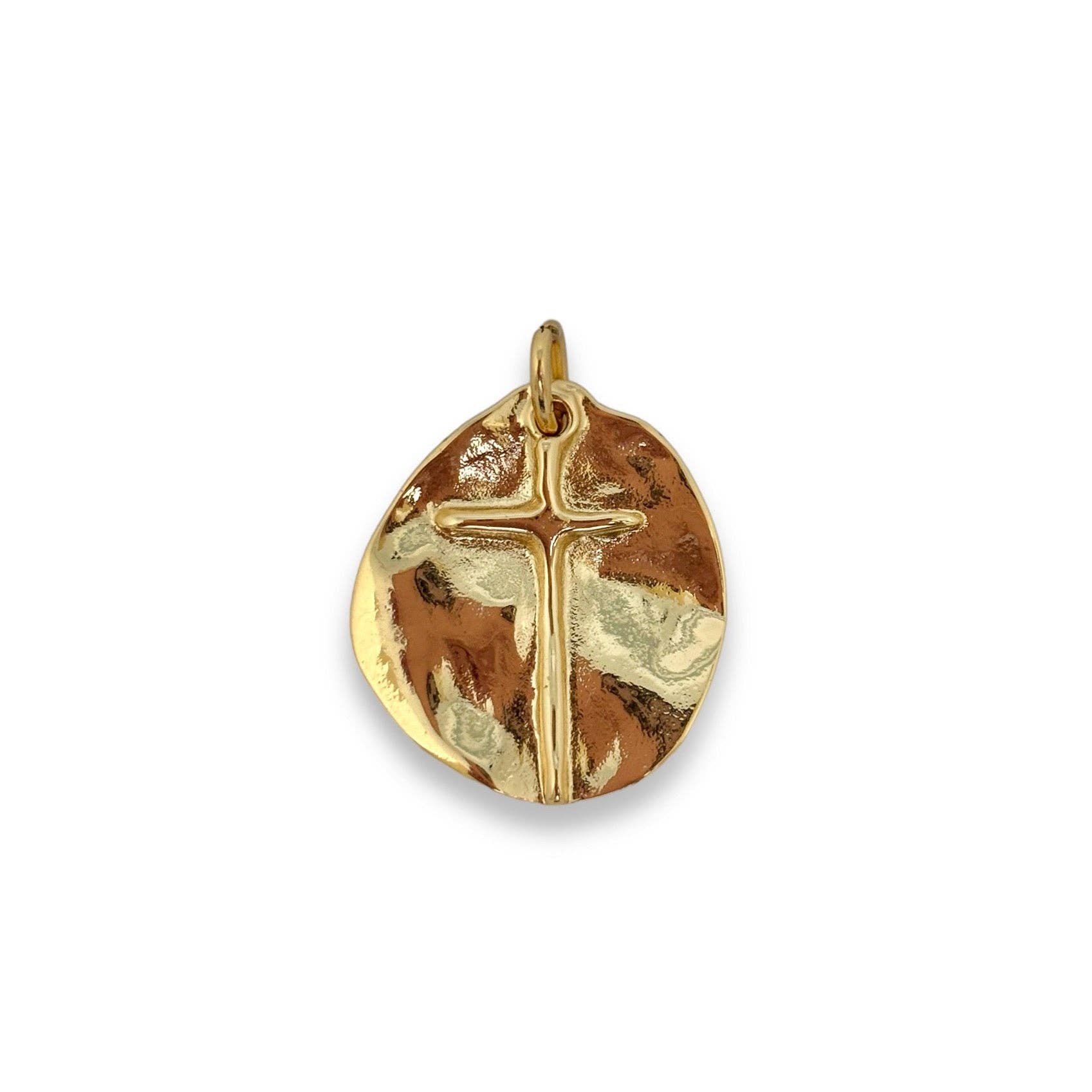Gold pendant with a cross design on a white background