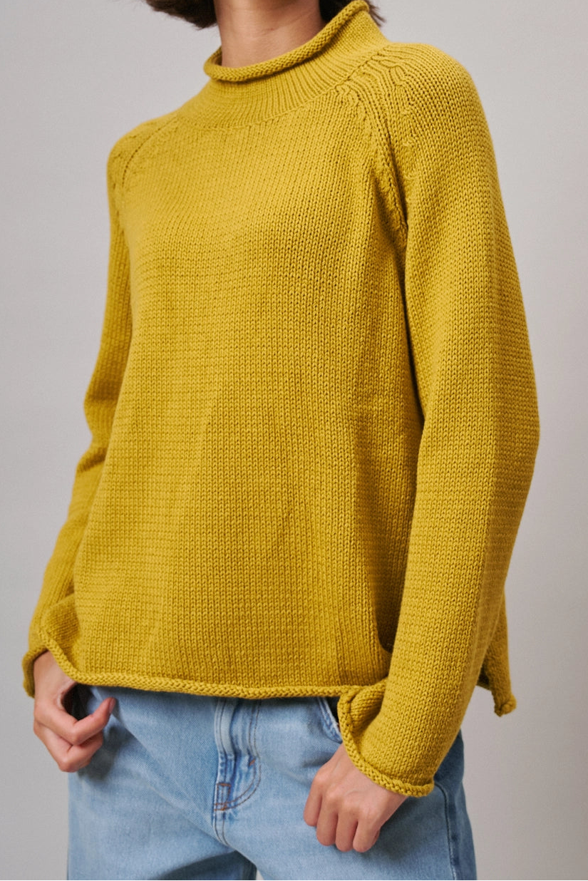 Chartreuse Mock Neck Cotton Knit Sweater