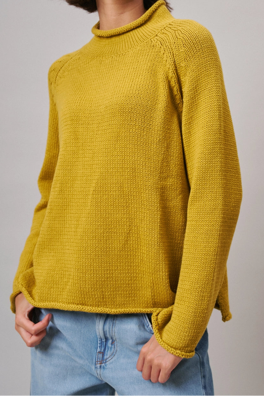 Chartreuse Mock Neck Cotton Knit Sweater