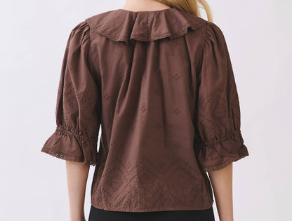 A woman viewed from the back wearing a brown ruffled blouse with puff sleeves and black pants, against a plain light gray studio background.