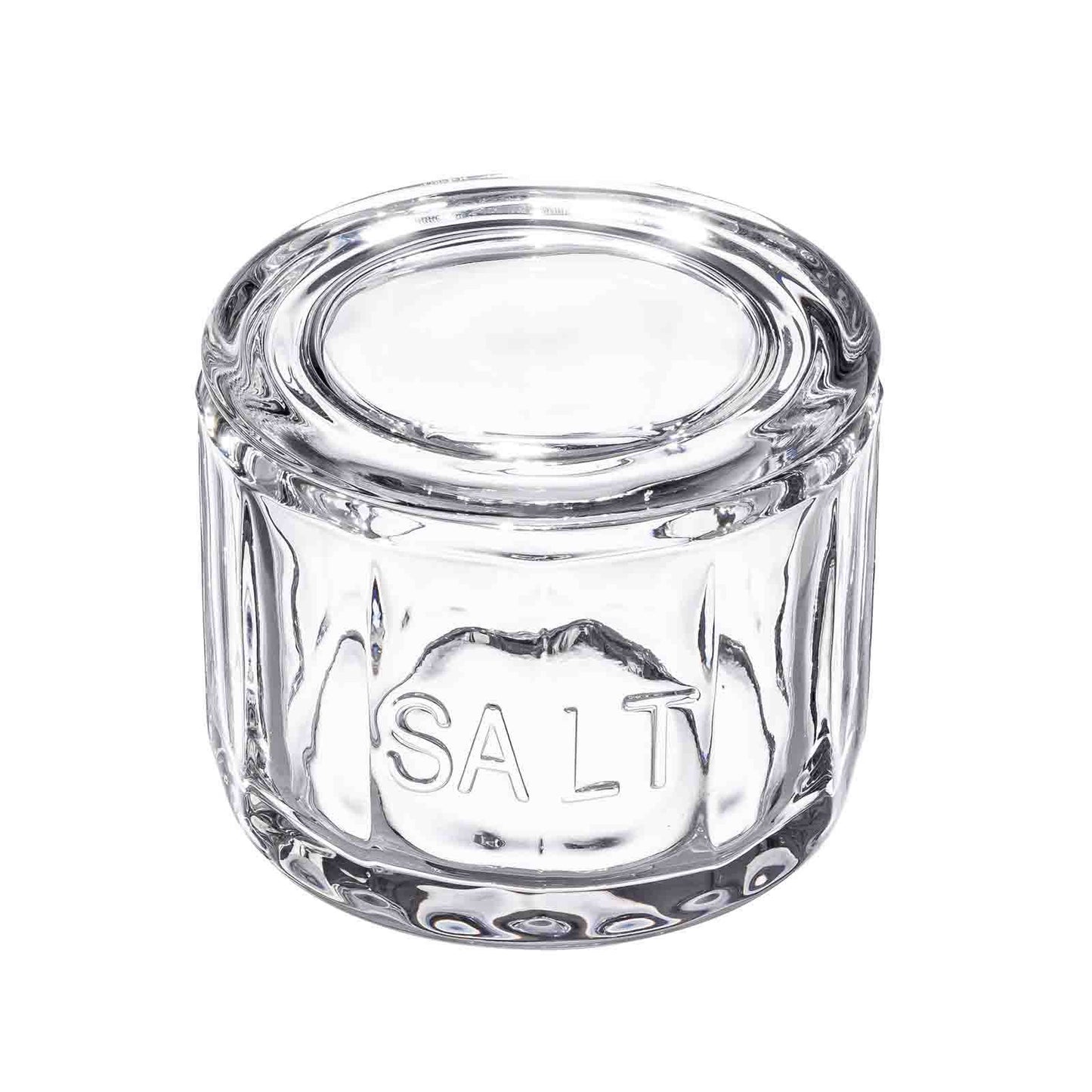 Clear glass jar labeled 'SALT' on a white background