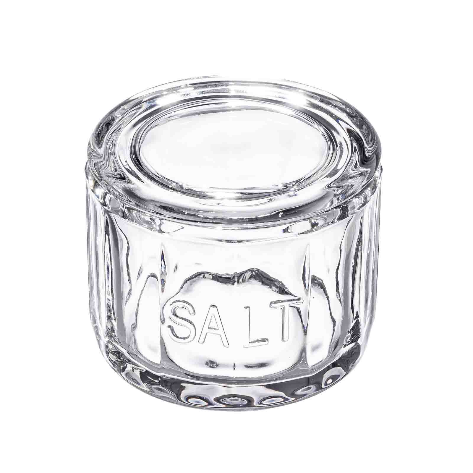 Clear glass jar labeled 'SALT' on a white background