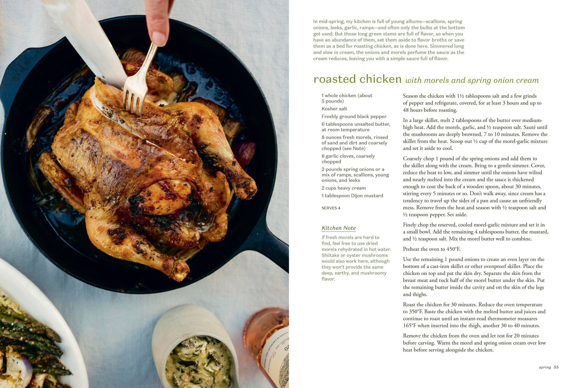 Roasted chicken in a pan with a fork, next to a recipe for roasted chicken with horseradish and spring onion cream.